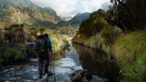 River crossing in the Rwenzori Mountains, Uganda