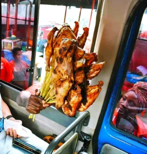 Namawojjolo chicken on a stick, on road trip to Eastern Uganda
